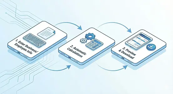 3-step online pay stub creation process diagram