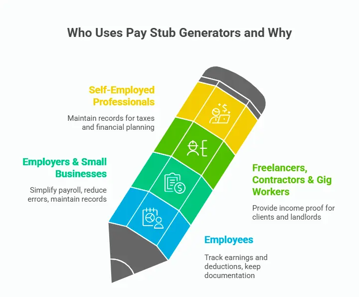 Employees, freelancers, contractors, and small business owners using pay stub generator